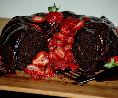 Chocolate Velvet Cake with Strawberries